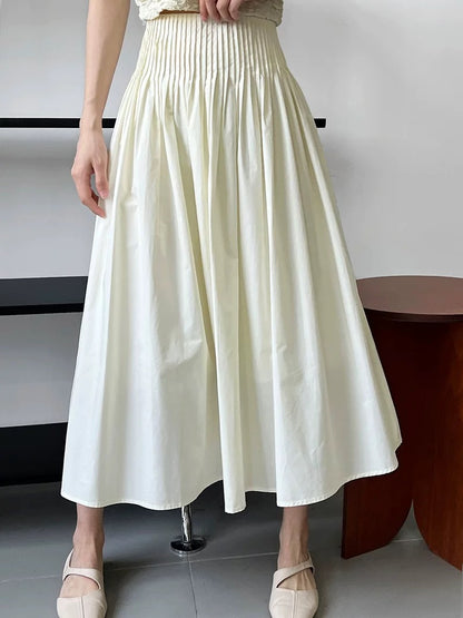 2026 Spring/Summer Women's High-Waisted A-Line White Pleated Midi Skirt with Elastic Waist and Flowing Flow