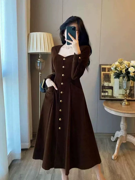French Hepburn style black square collar velvet dress for women autumn and winter new high-end temperament high waist skirt