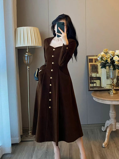 French Hepburn style black square collar velvet dress for women autumn and winter new high-end temperament high waist skirt