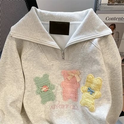 American-style high-end half-zip collar polo sweatshirt for women, autumn, middle school students, embroidered three little bears on the shoulder.