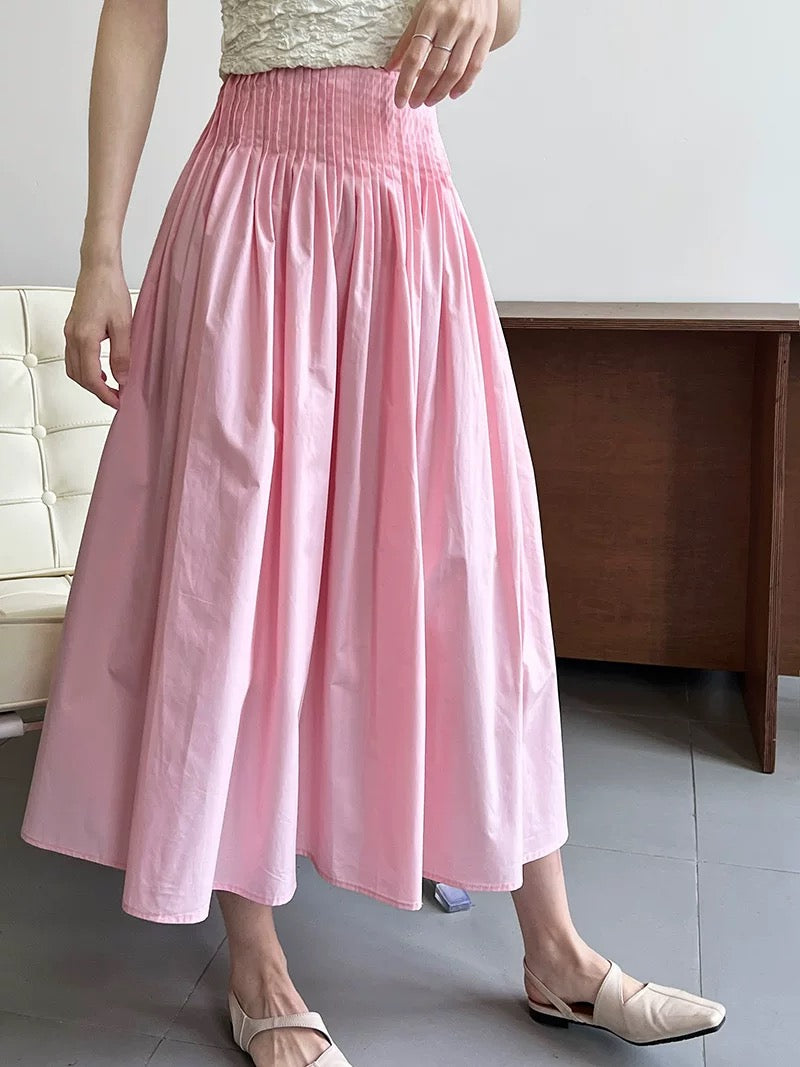 2026 Spring/Summer Women's High-Waisted A-Line White Pleated Midi Skirt with Elastic Waist and Flowing Flow