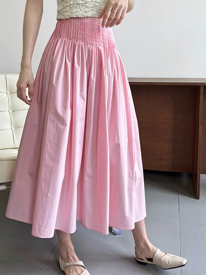 2026 Spring/Summer Women's High-Waisted A-Line White Pleated Midi Skirt with Elastic Waist and Flowing Flow