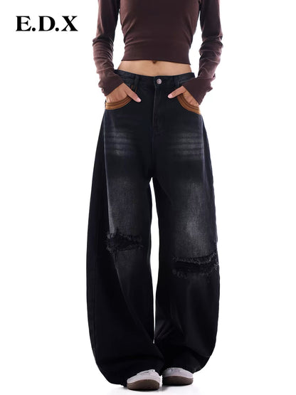 EDX Women’s Wide-Leg "Scimitar" Jeans – 2026 Autumn New Collection: Vintage-Style, Distressed, Loose-Fit, Paneled, Washed-Black Trousers