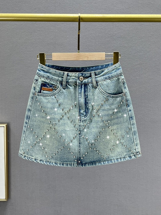 Diamond-encrusted denim skirt women's short skirt 2024 new summer high-waist slimming European station hip-covering skirt trend