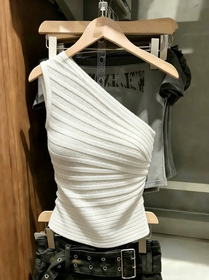 Women's Summer White One-Shoulder Sleeveless Top – A Versatile, Slim-Fit, Flattering, and Youthful Style Combining Innocence with Allure