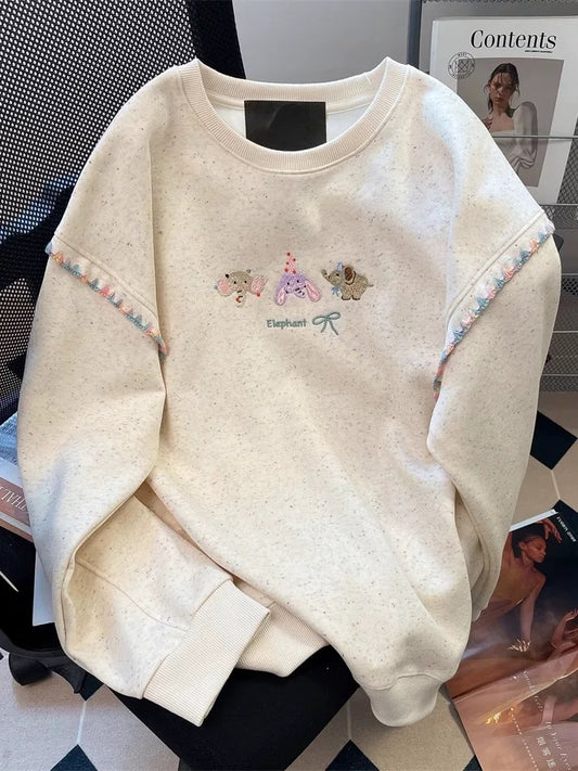 Cute and cozy colorful polka dot cartoon embroidered sweatshirt for women, early autumn Korean style, sweet, fashionable, youthful and stylish top.