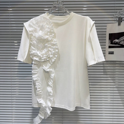 Internet celebrity same style 2025 spring new style small fragrance style ruffled pleated three-dimensional flower solid color short-sleeved T-shirt for women