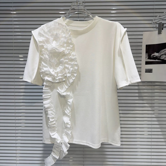 Internet celebrity same style 2025 spring new style small fragrance style ruffled pleated three-dimensional flower solid color short-sleeved T-shirt for women