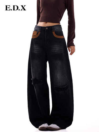 EDX Women’s Wide-Leg "Scimitar" Jeans – 2026 Autumn New Collection: Vintage-Style, Distressed, Loose-Fit, Paneled, Washed-Black Trousers