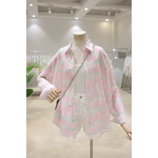 Drapey, light and personalized tie-dye 2024 summer loose mid-length short front short back long thin long-sleeved chiffon shirt for women