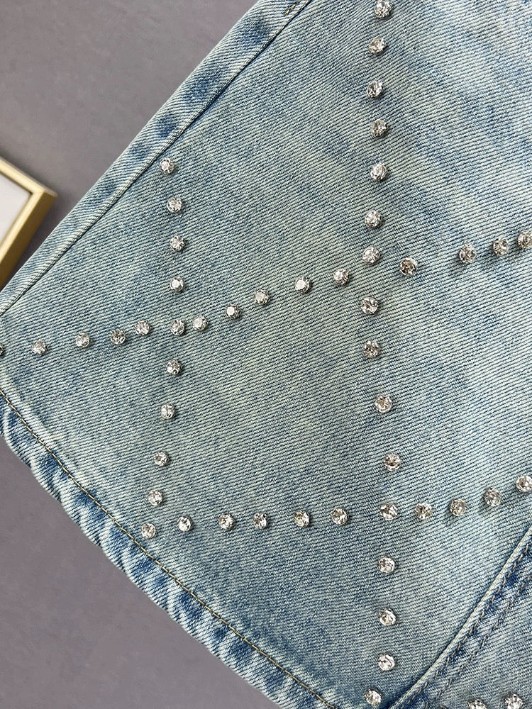 Diamond-encrusted denim skirt women's short skirt 2024 new summer high-waist slimming European station hip-covering skirt trend