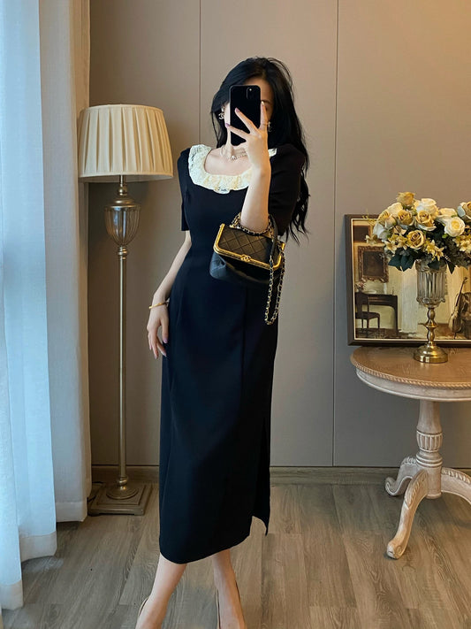 Hepburn style black dress for women 2024 summer new French retro temperament slim and slim little black dress