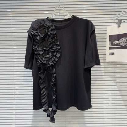 Internet celebrity same style 2025 spring new style small fragrance style ruffled pleated three-dimensional flower solid color short-sleeved T-shirt for women