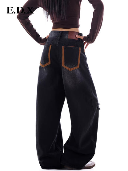 EDX Women’s Wide-Leg "Scimitar" Jeans – 2026 Autumn New Collection: Vintage-Style, Distressed, Loose-Fit, Paneled, Washed-Black Trousers