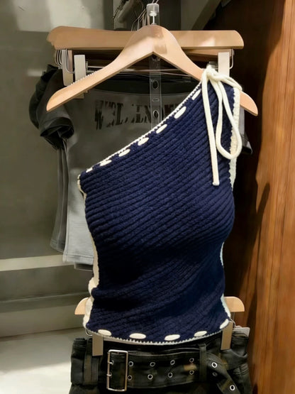 Korean-style chic navy blue one-shoulder tie-detail tank top—a unique, flattering, and versatile summer piece that creates a youthful, slimming look.