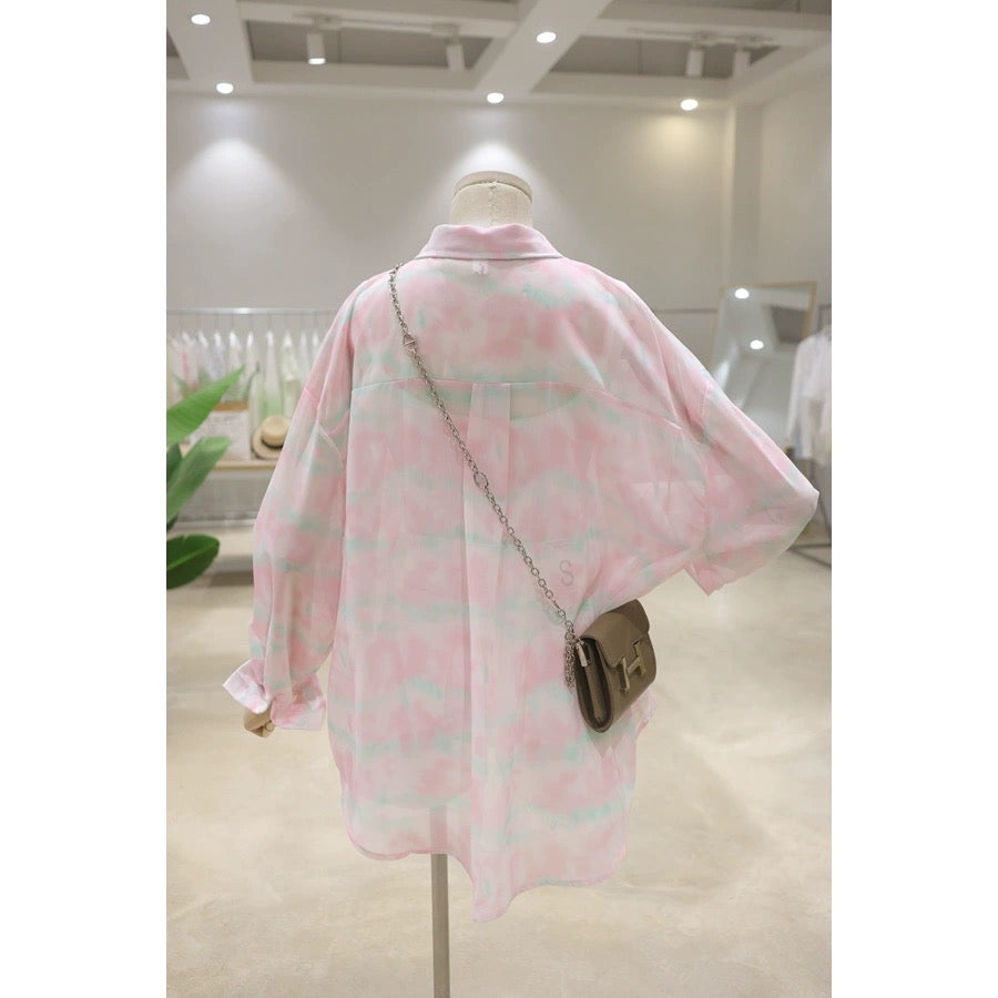 Drapey, light and personalized tie-dye 2024 summer loose mid-length short front short back long thin long-sleeved chiffon shirt for women