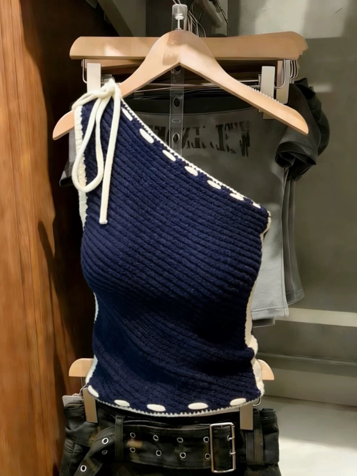Korean-style chic navy blue one-shoulder tie-detail tank top—a unique, flattering, and versatile summer piece that creates a youthful, slimming look.