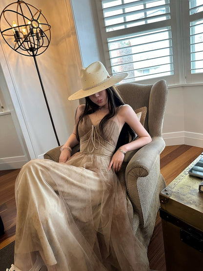 Butterfly Beauty - Spring Mountains in Distant Light: Double-layered ink-wash style mesh V-neck spaghetti strap dress, high-waisted slim-fitting long skirt