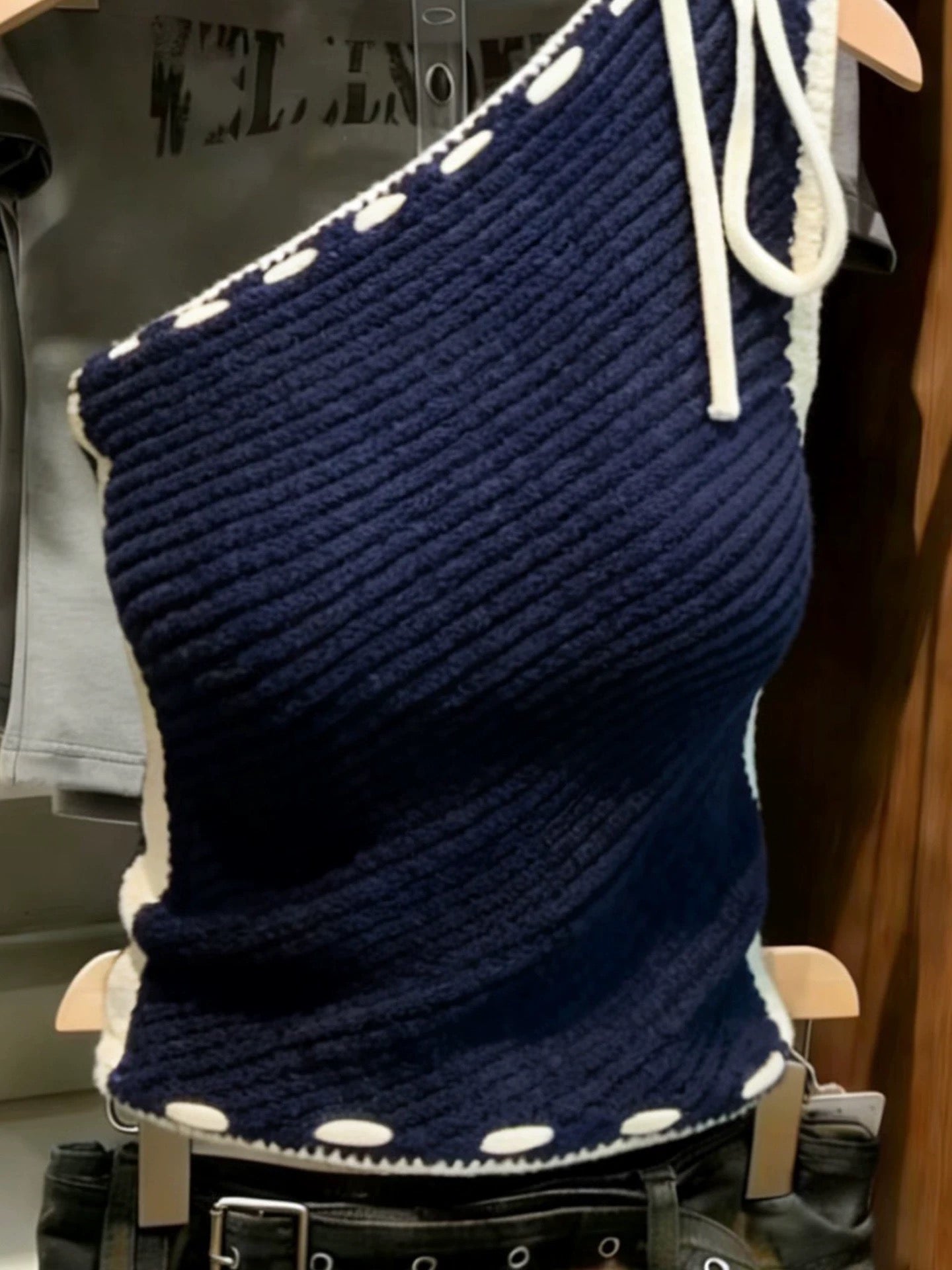 Korean-style chic navy blue one-shoulder tie-detail tank top—a unique, flattering, and versatile summer piece that creates a youthful, slimming look.