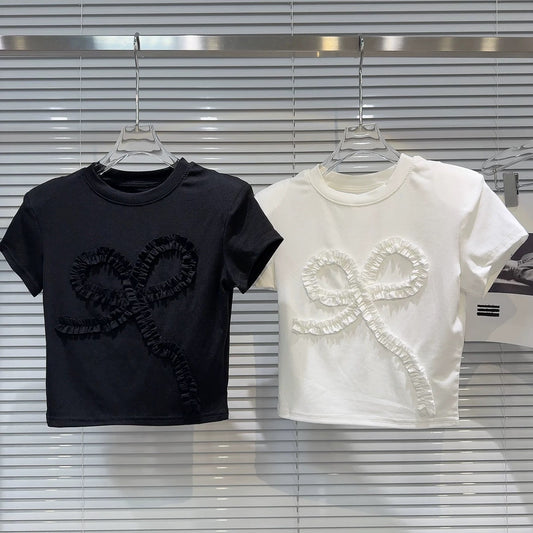 Internet celebrity same style 2025 summer new high street shoulder pleated bow flower pattern short hot girl short sleeve T-shirt