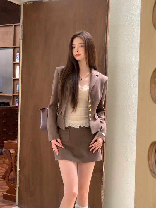 High School Private School Beauty Autumn Maillard Retro College Waisted Shoulder Blazer and Skirt Suit