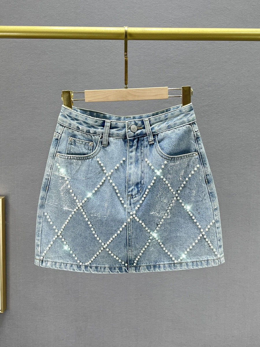 ins European Beaded Denim Skirt Women's Short Skirt 2024 New Summer High Waist Slim Fit Hip Skirt