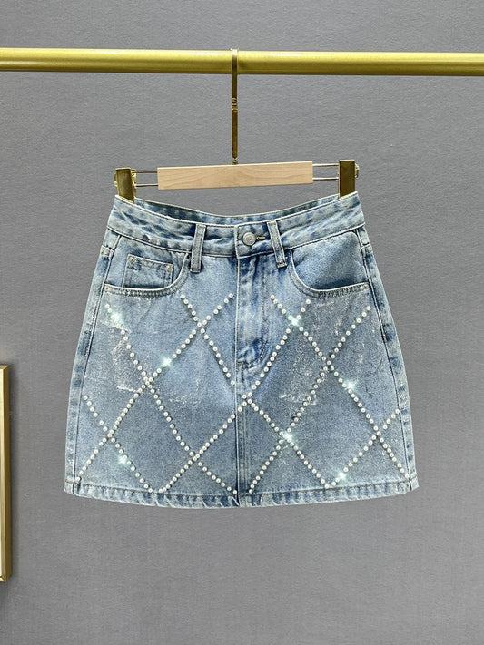 ins European Beaded Denim Skirt Women's Short Skirt 2024 New Summer High Waist Slim Fit Hip Skirt