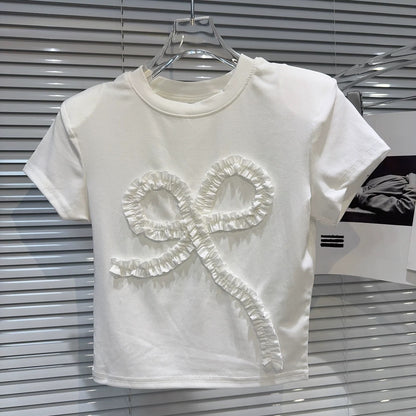 Internet celebrity same style 2025 summer new high street shoulder pleated bow flower pattern short hot girl short sleeve T-shirt