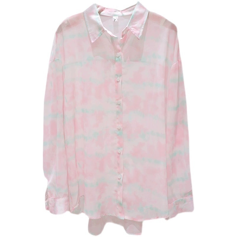 Drapey, light and personalized tie-dye 2024 summer loose mid-length short front short back long thin long-sleeved chiffon shirt for women