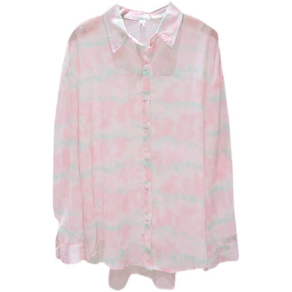 Drapey, light and personalized tie-dye 2024 summer loose mid-length short front short back long thin long-sleeved chiffon shirt for women
