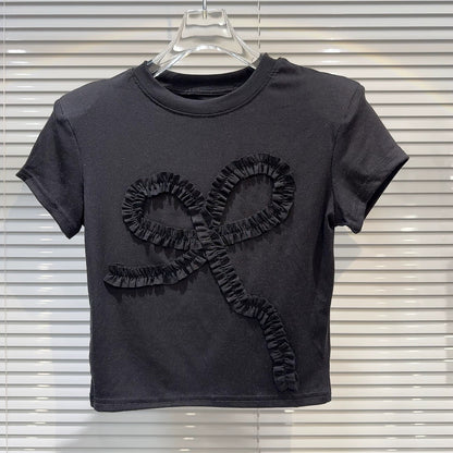 Internet celebrity same style 2025 summer new high street shoulder pleated bow flower pattern short hot girl short sleeve T-shirt