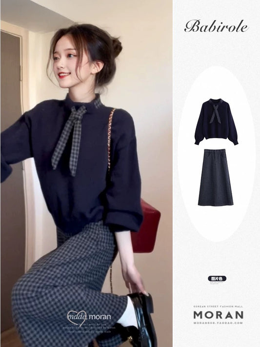 Korean college style atmosphere wear suit sweater knitted top half skirt two-piece suit high-end women