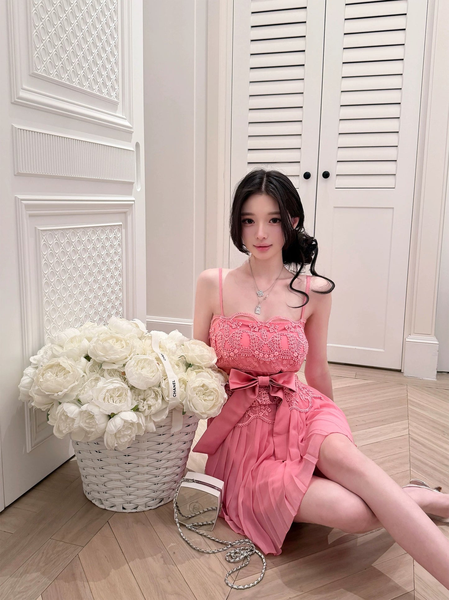 Qiauuu Esaka Nari – A stunning, cool-yet-glamorous camisole mini dress in a custom-dyed "stamen pink" hue, featuring a waist-cinching, slimming silhouette.