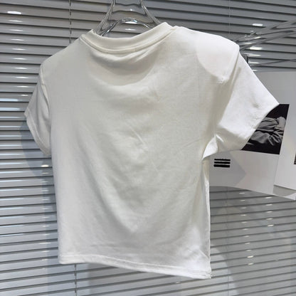 Internet celebrity same style 2025 summer new high street shoulder pleated bow flower pattern short hot girl short sleeve T-shirt