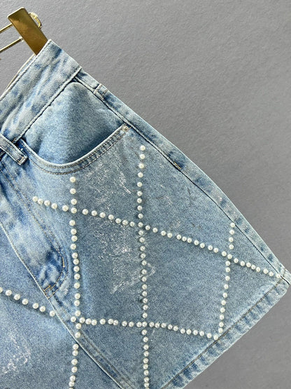 ins European Beaded Denim Skirt Women's Short Skirt 2024 New Summer High Waist Slim Fit Hip Skirt