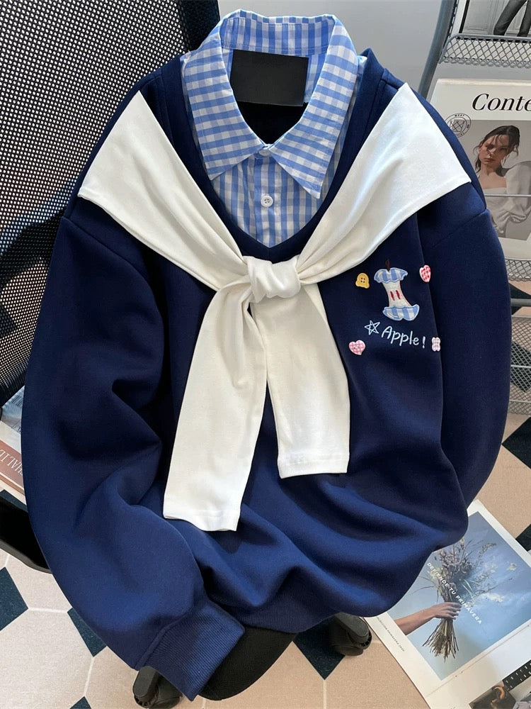 Korean style cartoon apple embroidered faux two-piece shawl sweatshirt for women, winter fleece-lined and thickened, super cute, beautiful and unique top