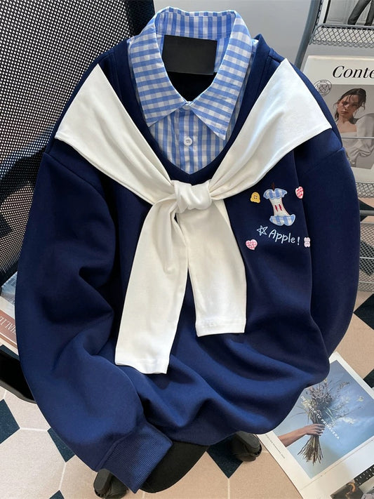 Korean style cartoon apple embroidered faux two-piece shawl sweatshirt for women, winter fleece-lined and thickened, super cute, beautiful and unique top