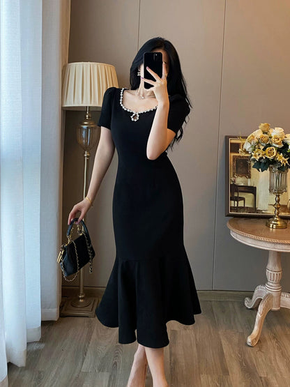Black dress for women 2024 summer new style French retro Hepburn style high-end niche temperament fishtail long skirt