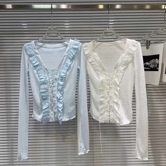 Internet celebrity same style 2025 summer new style sweet temperament V-neck wood ear edge wear rope solid color long sleeve T-shirt small shirt female