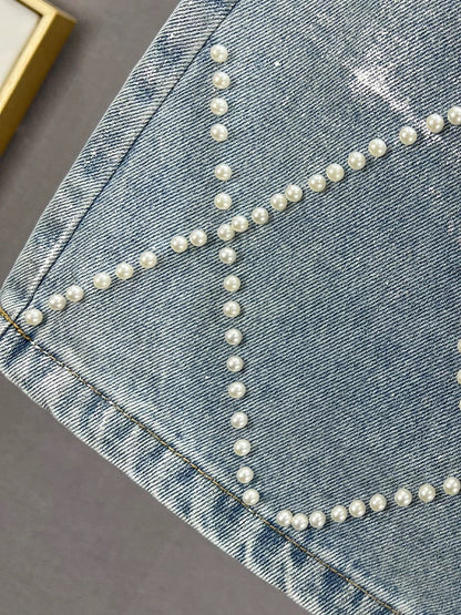 ins European Beaded Denim Skirt Women's Short Skirt 2024 New Summer High Waist Slim Fit Hip Skirt