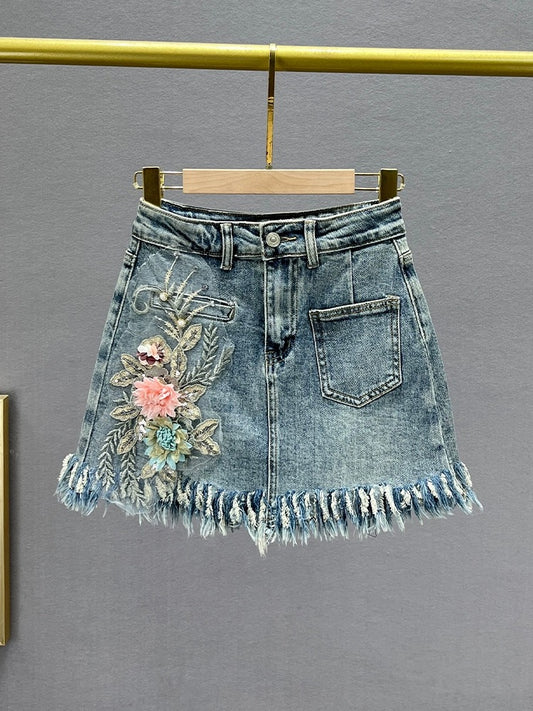 Ethnic style embroidered denim skirt for women 2024 new summer high-waist slim slimming raw edge a-line skirt