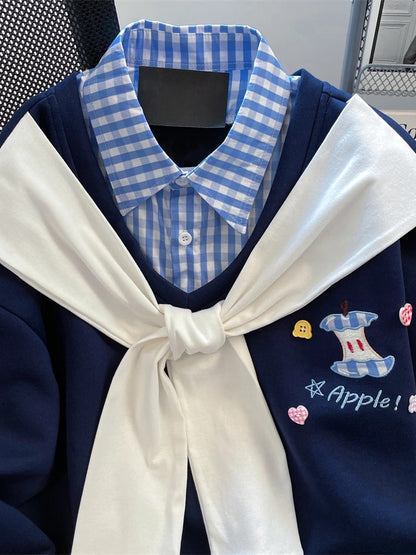 Korean style cartoon apple embroidered faux two-piece shawl sweatshirt for women, winter fleece-lined and thickened, super cute, beautiful and unique top