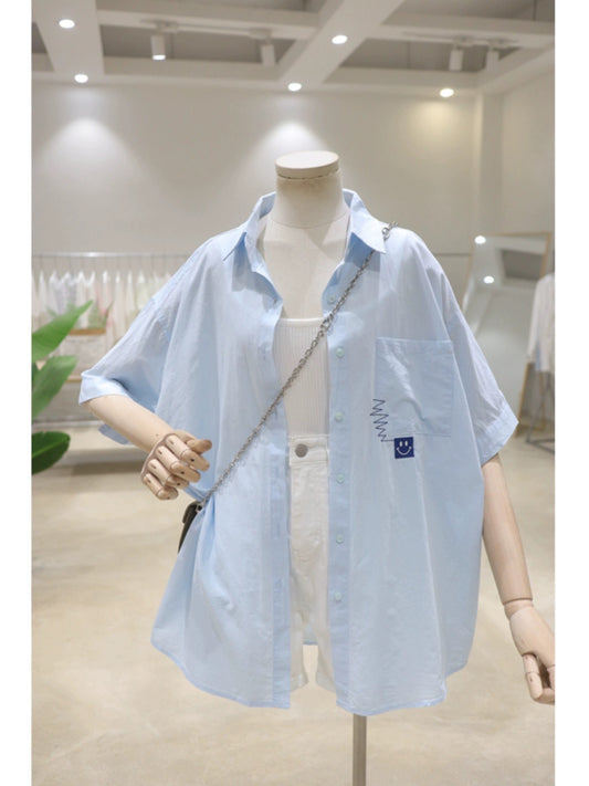 Fresh and Breathable Pocket Little Smiley Face 2024 Summer Versatile Loose Slim Medium Long Cotton Short Sleeve Thin Shirt for Women