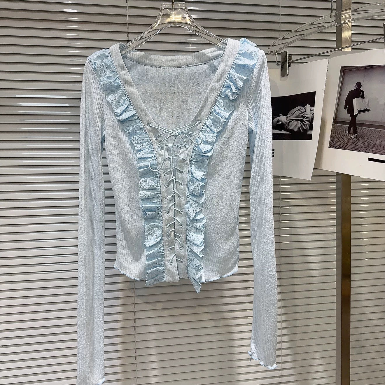 Internet celebrity same style 2025 summer new style sweet temperament V-neck wood ear edge wear rope solid color long sleeve T-shirt small shirt female