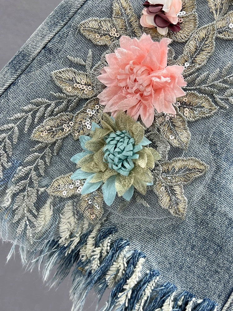 Ethnic style embroidered denim skirt for women 2024 new summer high-waist slim slimming raw edge a-line skirt