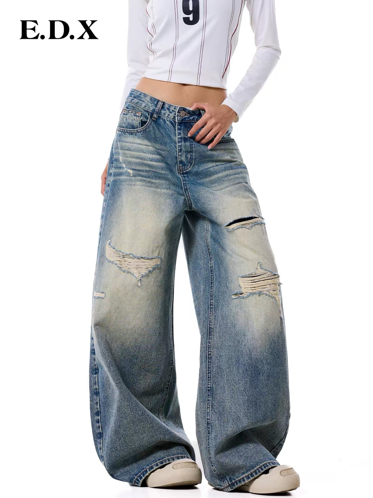 EDX Women’s Faux-Distressed Curved-Seam Wide-Leg Jeans – 2026 Autumn Vintage-Wash Distressed Light Blue Floor-Length Trousers