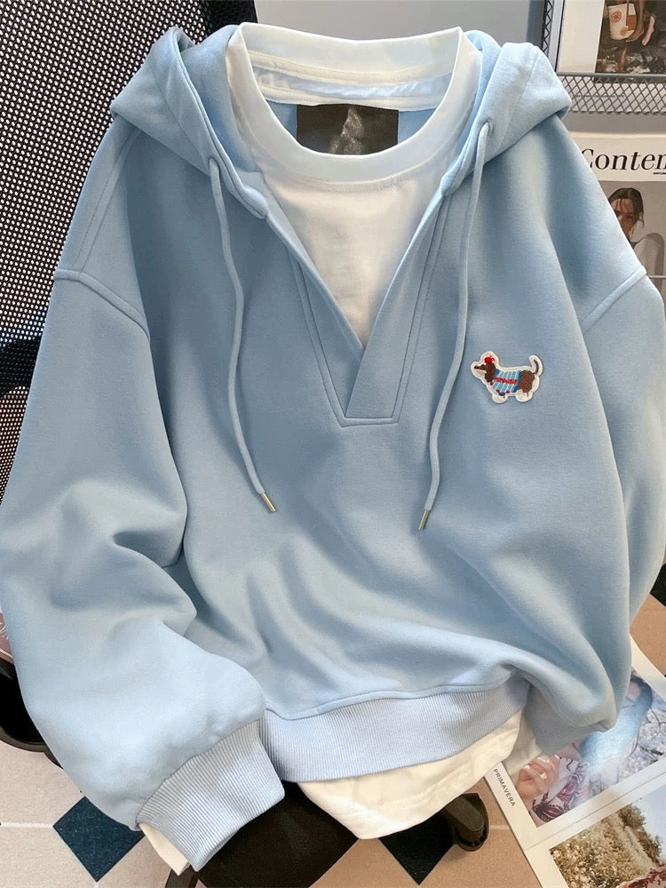 Korean style autumn/winter embroidered puppy hooded fleece sweatshirt for women, super cute design, faux two-piece V-neck top