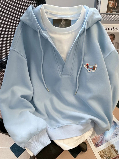 Korean style autumn/winter embroidered puppy hooded fleece sweatshirt for women, super cute design, faux two-piece V-neck top