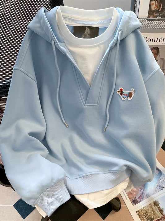 Korean style autumn/winter embroidered puppy hooded fleece sweatshirt for women, super cute design, faux two-piece V-neck top