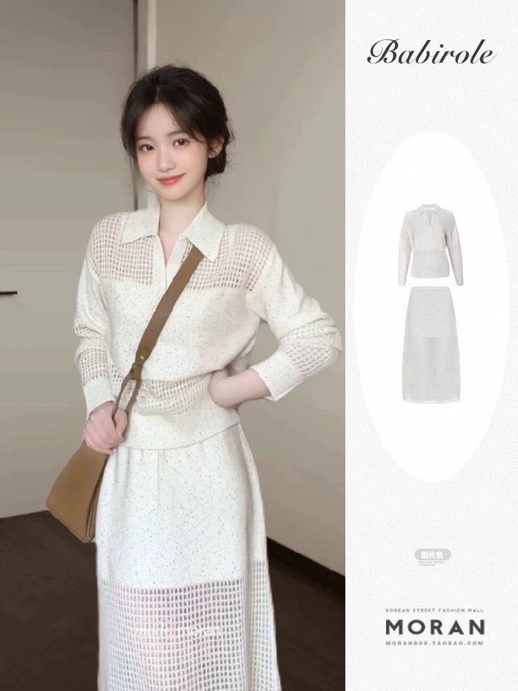 Korean style high-end spring and autumn wear two-piece suit skirt small mohair sweater lazy style relaxation
